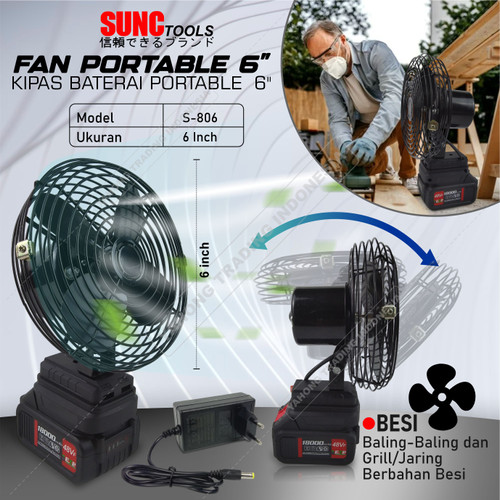 SUNC TOOLS Kipas Angin Besi 6" inch Fan Portable Baterai