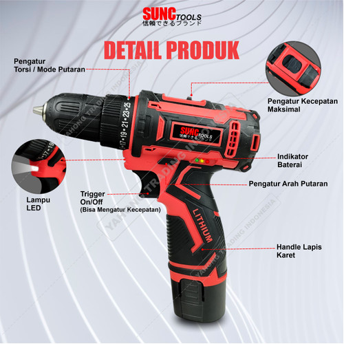 SUNC TOOLS Cordless Drill Set 12V Mesin Bor Baterai Obeng Kunci Pas