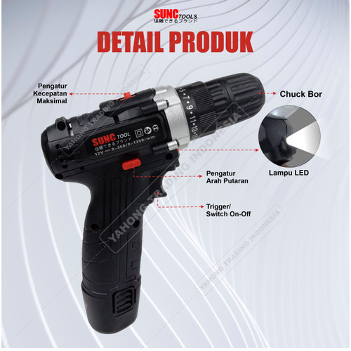 SUNC TOOLS Cordless Drill 12S Mesin Bor Baterai 12V Obeng Kunci Pas