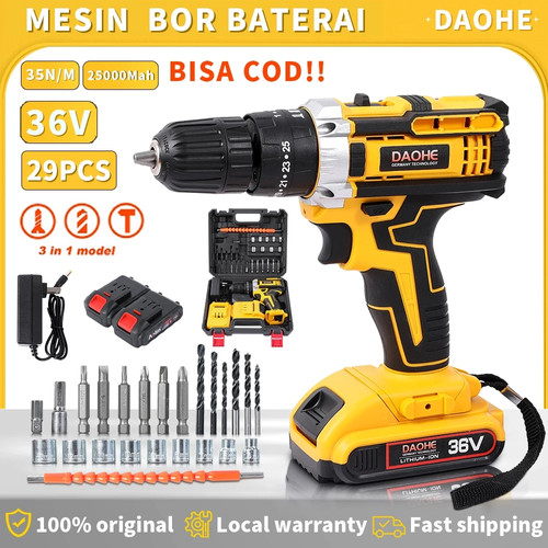 DAOHE 36VF Mesin bor baterai set bor cas 25+3 Cordless Impact Lengkap 2 Baterai Fullset Koper