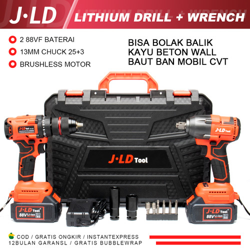 JLD Mesin bor+Impact Wrench Brushless 88VF Impact baterai torsi besar