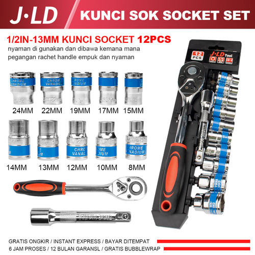 JLD kunci shock set 12 Pcs kunci Socket 4-24mm Motor Lengkap Socket
