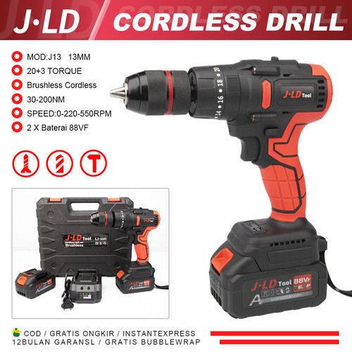 JLD Mesin bor Cordless Drill 2 Baterai 88V Brushless Impact bor 3 Mode