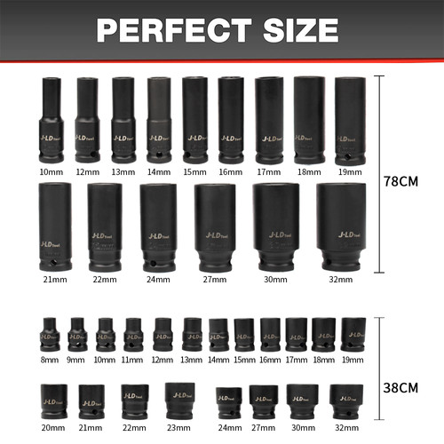 JLD 35PCS Impact Mata 1/2'' Kunci shock Impact 8-32mm CR-V koper besi