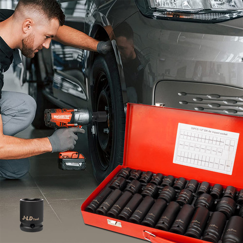 JLD 35PCS Impact Mata 1/2'' Kunci shock Impact 8-32mm CR-V koper besi