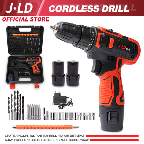 Cordless Drill Mesin Bor JLD 12V Cas 2 Baterai 29pcs Tool Kits Hitam