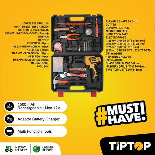 TIP TOP Cordless Drill / Mesin Bor Baterai set 100pcs 12V (BMT-120SE)