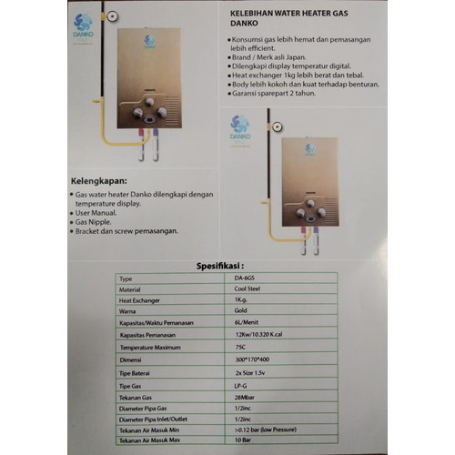 Pemanas Air Gas Water Heater Gas 6 Liter Danko DA-6GS / Danko DA 6 GS