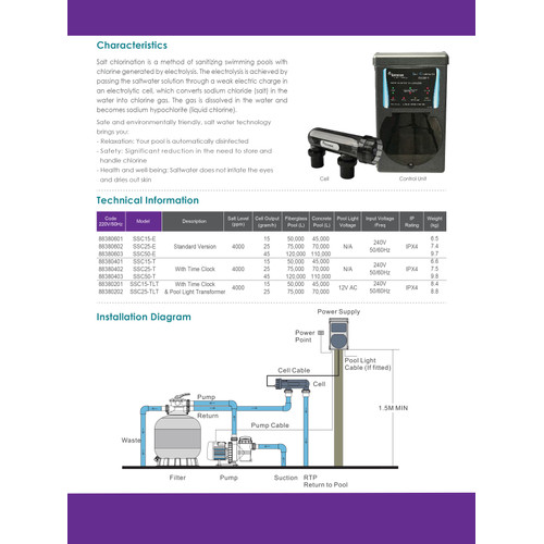 Salt Chlorinator Kolam Renang Emaux SSC15-T 15G/H Kolam 45 Kubik