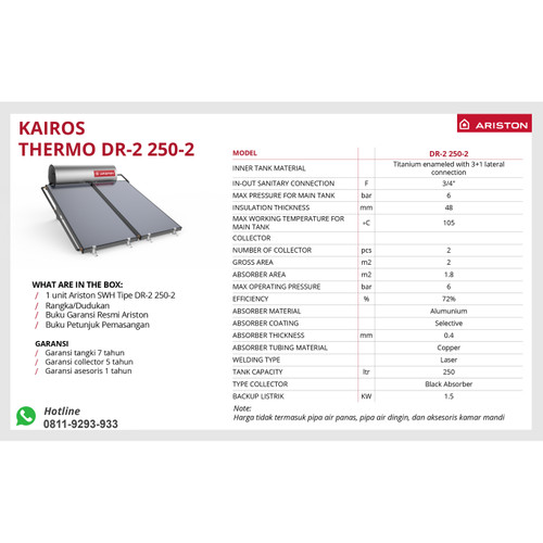 Pemanas Air Solar Water Heater Ariston Kairos Thermo Direct 250 Liter