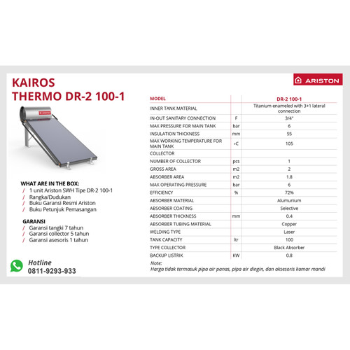 Pemanas Air Solar Water Heater Ariston Kairos Thermo Direct 100 Liter