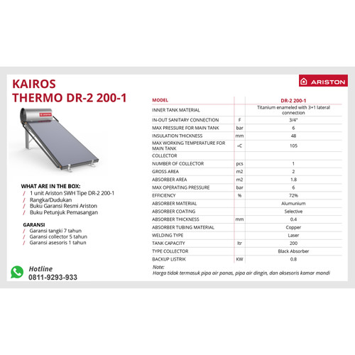Pemanas Air Solar Water Heater Ariston Kairos Thermo Direct 200 Liter