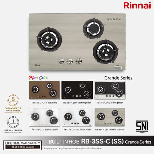 Built-in Gas Hob Kompor Gas Tanam 3 Tungku Rinnai RB-3SS-C (SS)