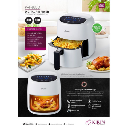 Alat Penggoreng Tanpa Minyak Digital Air Fryer 3.5L Kirin KAF-935D