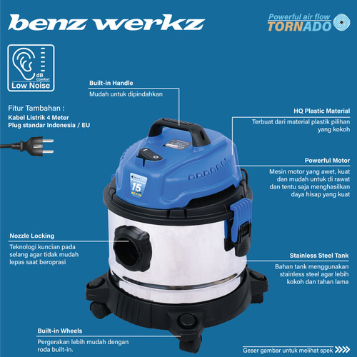 Vacuum Cleaner 15L Mesin Vakum Sedot Debu Wet & Dry BZ 7115 Benz Werkz