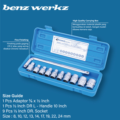 Kunci Sok Set 11 Pcs 1/2 inch - Socket Sock Mata Shock Set Benz Werkz