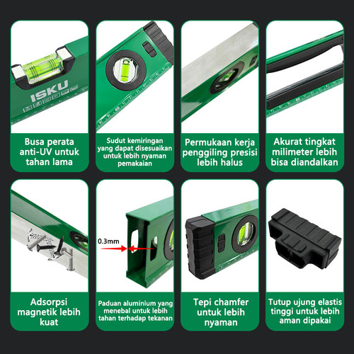 ISKU Spirit Level Waterpass Magnet Bahan paduan aluminium Ukuran 30 40 50 60 80 100CM