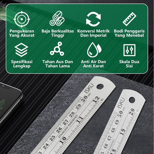 ISKU penggaris baja ukuran 15 30 50 60 100 cm penggaris presisi tinggi untuk pengukuran akurat/stainless steel ruler/penggaris besi
