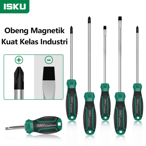 ISKU obeng plus mins magnet 3*75mm 5*75mm 5*100mm 5*125mm 5*150mm 6*100mm 6*125mm 6*150mm 6*200mm 6.3*35mm obeng set screwdriver sets perkakas/obeng super kuat chrome vanadium cocok untuk elektronik dan peralatan rumah tangga