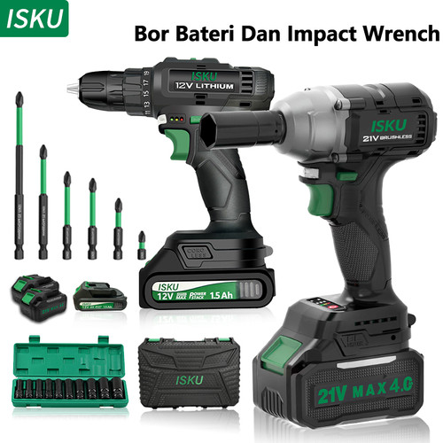 ISKU misin bor baterai mulitifungsi 12v dan cordless 21v 350n.m torsi impact wench/impact baterai [paket set 4pcs]
