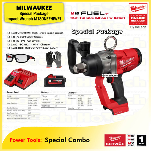 Milwaukee Cordless 1” Sq High Torque Impact Wrench 18 Volt M18 ONEFHIWF1-801C Spesial Set | M18ONEFHIWF1-0X + Battery 8.0Ah M18HB8 + Battery Charger M1218FC + Cut Level 5 + Clear Safety Glass