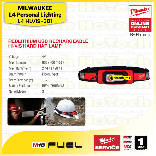 Milwaukee Lighting L4 HLVIS-301 | Redlithium USB Rechargeable HI-Vis Hard Hat Lamp 4 Volt