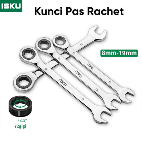 ISKU kunci ring pas rachet 8 10 12 13 14 17 18 19mm Besi tahan karat Bahan/ratchet wrench 72gigi/kunci ring pas bolak balik/kunci flexible kombinasi ratchet 8-19mm
