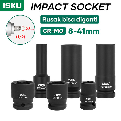 Isku Impact Socket panjang/pendek 1/2 Kunci Mata Sok Pukul 8mm ~ 46 mm
