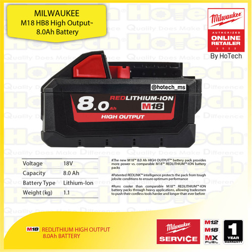 Milwaukee Cordless 1” Sq High Torque Impact Wrench 18 Volt M18 ONEFHIWF1-801C Spesial Set | M18ONEFHIWF1-0X + Battery 8.0Ah M18HB8 + Battery Charger M1218FC + Cut Level 5 + Clear Safety Glass