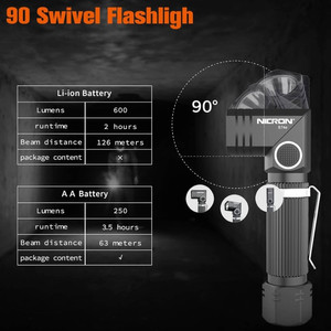 Nicron Twist 90 Degree  Flashlight | B71e 600 Lumens, Jarak Cahaya 126 meter, Runtime 3,5 jam