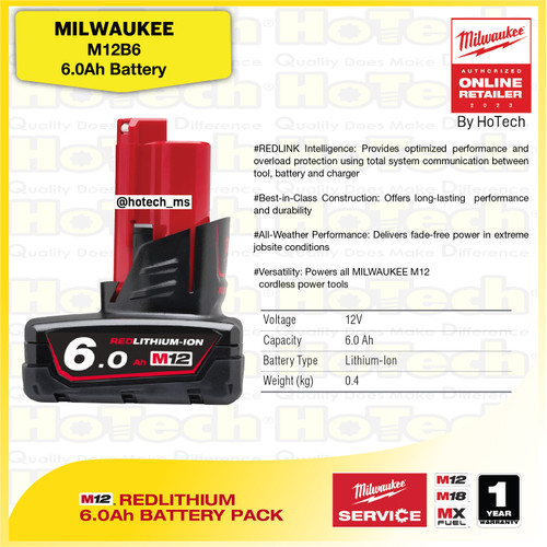 MILWAUKEE  M12B6 6.0Ah REDLITHIUM 6.0Ah Battery Pack | Cordless Tool