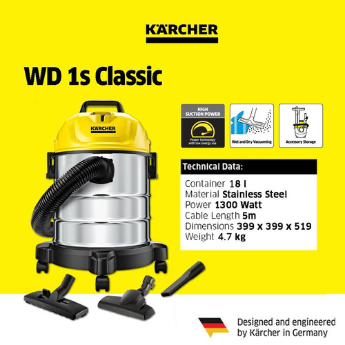 Karcher WD 1S Classic *KAP 1300 Watt Vacuum Cleaner Wet & Dry