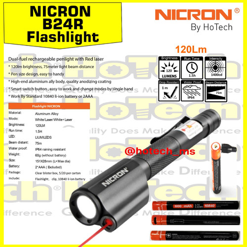 NICRON B24R | Dual-fuel Rechargeable Penlight with Red Laser