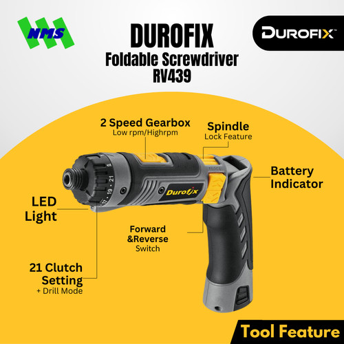 Durofix RV439 Foldable Cordless Screwdriver / Bor Obeng Baterai Elektrik Portable Lipat 4V Torsi 5.6Nm Adjustable Clutch