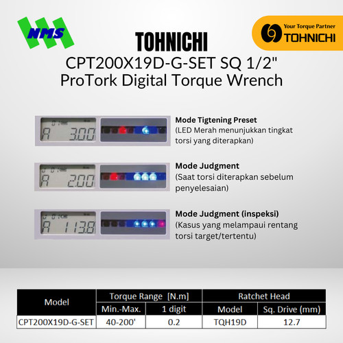 Kunci Torsi Tohnichi CPT200X19D-G-SET SQ 1/2" ProTork Digital Torque Wrench for Tightening 40 - 200Nm / 400 - 2000 kgfcm Include Case Konci Momen CPT