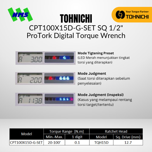 Kunci Torsi Tohnichi CPT100X15D-G-SET SQ 1/2" ProTork Digital Torque Wrench for Tightening 20-100Nm / 200-1000 kgfcm Include Case Konci Momen CPT
