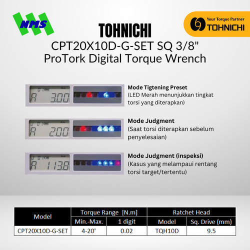 Kunci Torsi Tohnichi CPT20X10D-G-SET SQ 3/8" ProTork Digital Torque Wrench for Tightening 4-20Nm / 40-200 kgfcm Include Case Konci Momen CPT