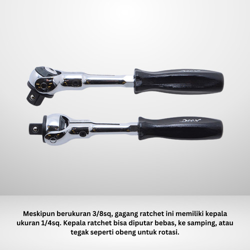 Handle Socket Pendek DEEN DNR3F-06 SQ 3/8" Round Full Trun Swivel Ratchet Short Body Gagang Soket Kepala Fleksibel - Original Japan