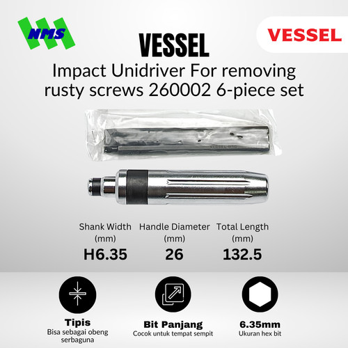 Obeng Ketok VESSEL Impact Unidriver Set No. 260002 Compact Grip Magnet Gagang Bola Sekrup Karat Dol