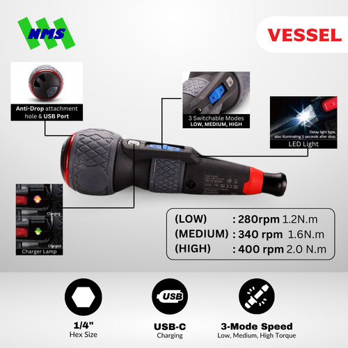 Obeng Listrik VESSEL Electric Screwdriver Ball Grip No.220USB-P1EB Plus Version Baterai Portable Japan