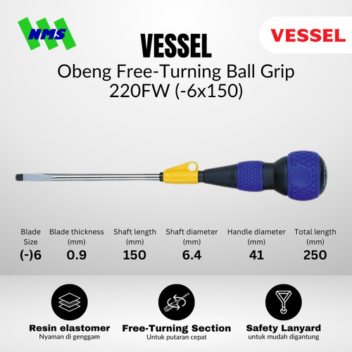 Obeng Plus Minus VESSEL Free-Turning Ball Grip Screwdriver No 220FW Magnet Gagang Bulat Tali Pengaman Safety Lanyard