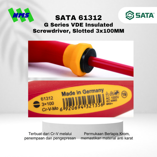 Obeng Minus SATA 61312 G-Series VDE Insulated Slotted Screwdriver 3X100 Tahan Listrik - Motor Mobil EV Electric Vehicle