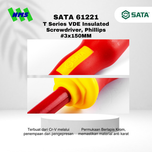 Obeng Plus SATA 61224 VDE Insulated Screwdriver Phillips #3X150 Tahan Listrik - Motor Mobil EV Electric Vehicle