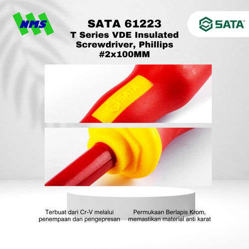 Obeng Plus SATA 61223 VDE Insulated Screwdriver Phillips #2X100 Tahan Listrik - Motor Mobil EV Electric Vehicle