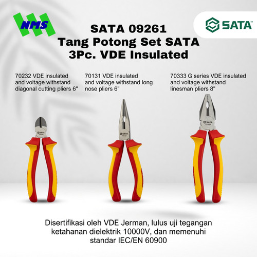 Tang Potong Set SATA 09261 3Pc. VDE Insulated Pliers Set Tahan Listrik - Motor Mobil EV Electric Vehicle
