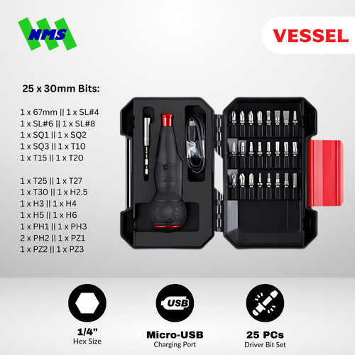 Obeng Listrik VESSEL Electric Screwdriver Ball Grip No.220USB-25EB with 25 pcs Bit Set Baterai Portable Japan