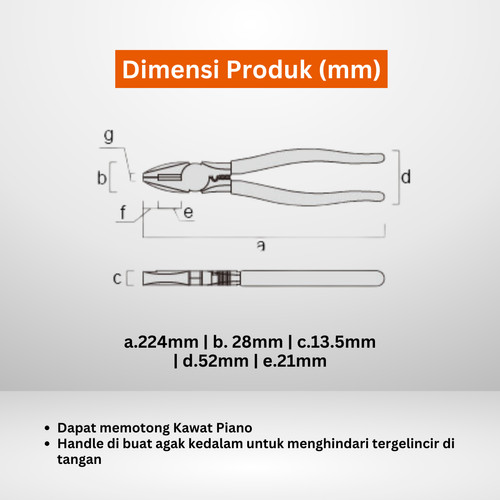 Tang Potong Kombinasi Fujiya 3000-225 Lineman's Pliers 225mm 9 Inci Baja 3.6mm Kabel VA VVF Bisa Crimping