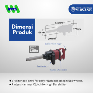 Mesin Impek Angin Shinano SI-1876 1" Air Impact Wrench Long Anvil Pinless Hammer Pengencang Baut Maks Torsi 2300Nm Speed 4400 rpm