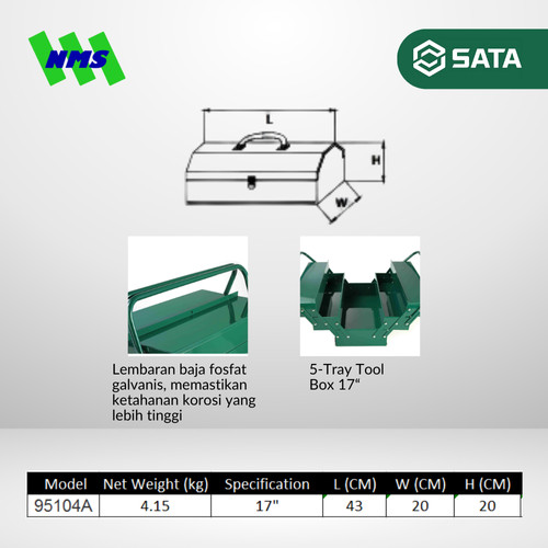 Kotak Perkakas SATA 95104A 5 Tray Cantlever Tool Box 17" Inch Besi