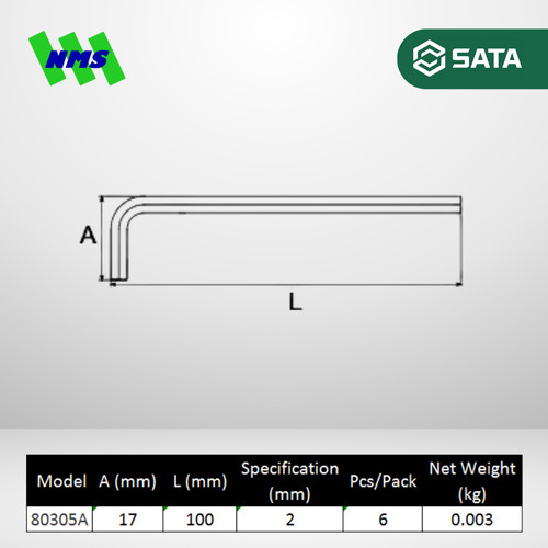 Kunci L SATA 80305A Extra Long Hex Key 2mm x 100mm
